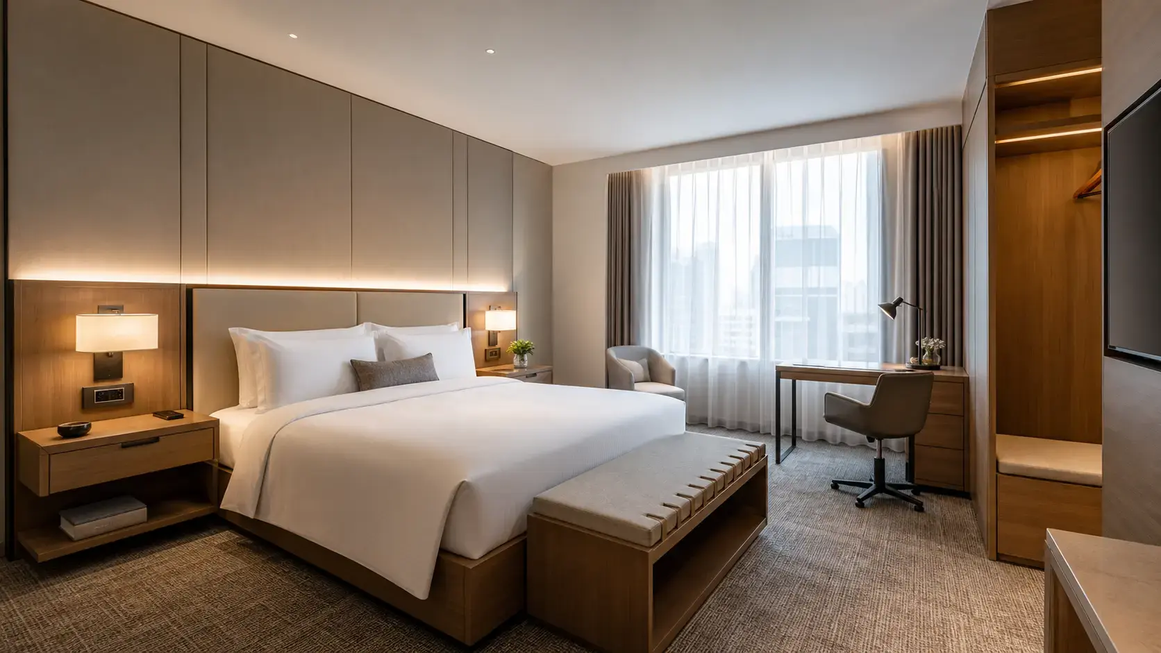 Otel odasında ölçüye özel üretilmiş yatak başlığı ve depolama ünitesi